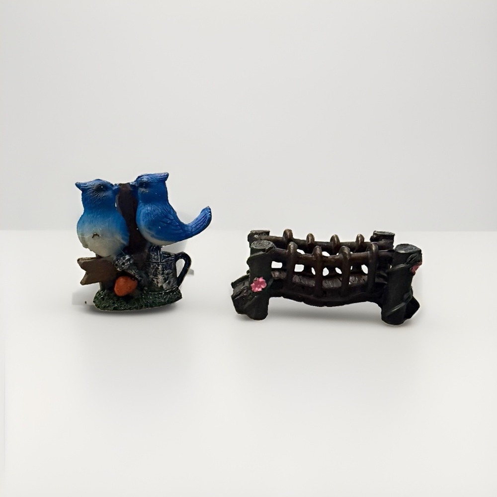 Fairy Garden Blue Bird Figurine w/ Rustic Bridge Fence Miniatures 2-Piece